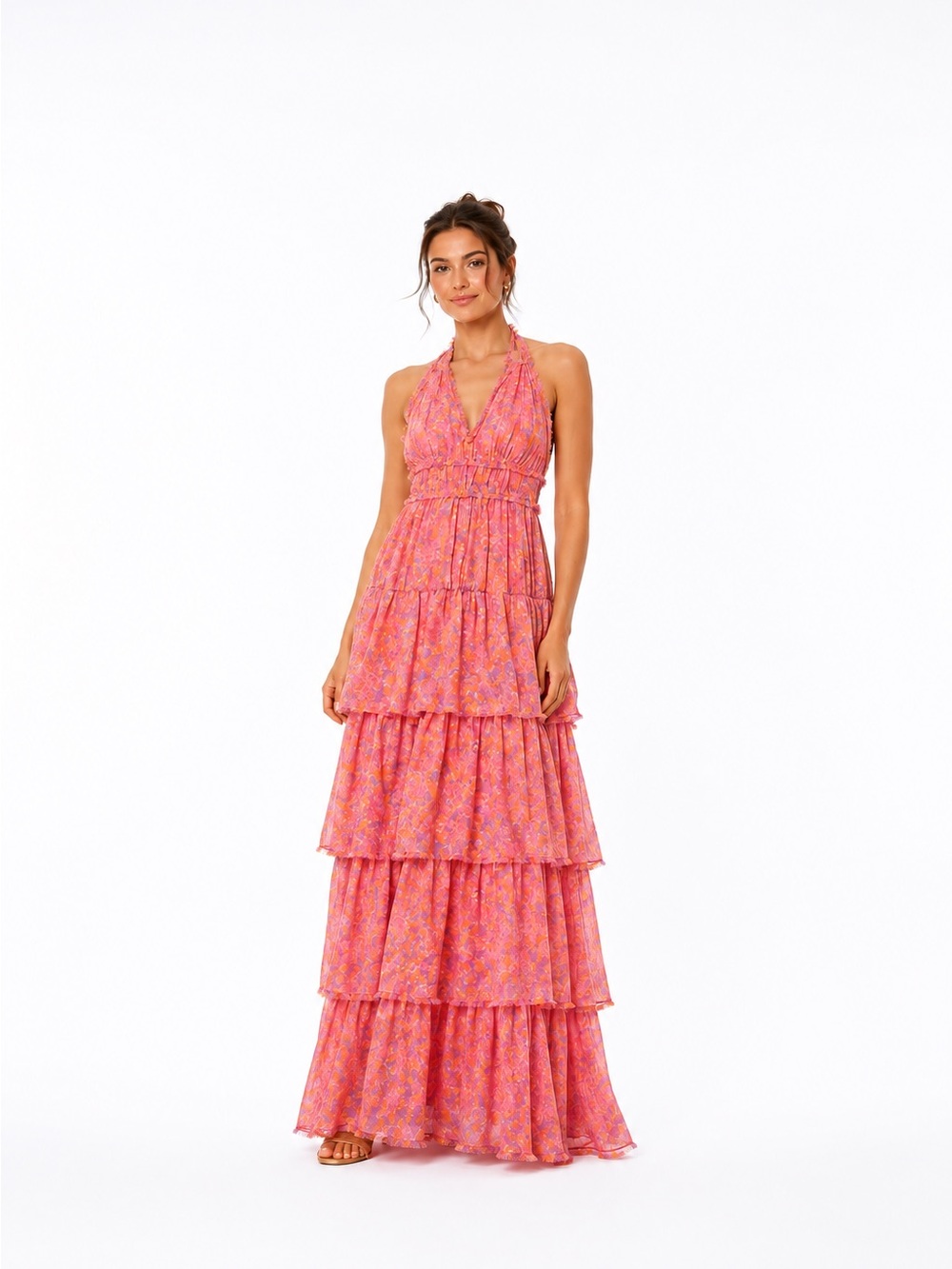 Likely Tiered Halter Maxi Dress – Pink Orange Floral | Size 4